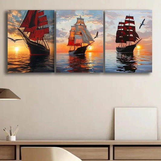 3pcs Sailboat at Sunset Decoration Sun Shine Wall Art Set Canvas Framed 40x60cm - High Quality Print 100% Australian Made Wall Canvas Ready to Hang