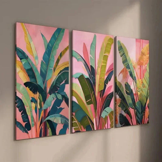 3pcs Tropical Leaves on Pink Background Wall Art Set Canvas Framed 40x60cm - High Quality Print 100% Australian Made Wall Canvas Ready to Hang