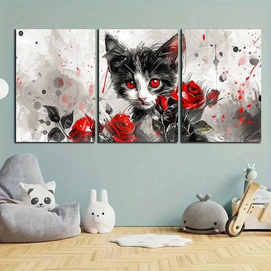 3pcs Cat and Red Roses Stunning Red Eyes Metal Print Ready to Hang Art