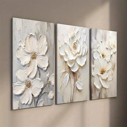 3pcs White Textured Flower Painting Wall Art Set Canvas Framed 40x60cm - High Quality Print 100% Australian Made Wall Canvas Ready to Hang
