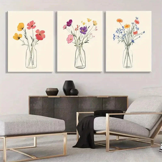 3pcs Floral Vase Colorful Flowers Perfect Wall Art Set Canvas Framed 40x60cm - High Quality Print 100% Australian Made Wall Canvas Ready to Hang