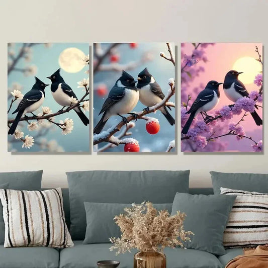 3pcs Charming Bird Beautiful Triptych Black Moon Wall Art Set Canvas Framed 40x60cm - High Quality Print 100% Australian Made Wall Canvas Ready to Hang