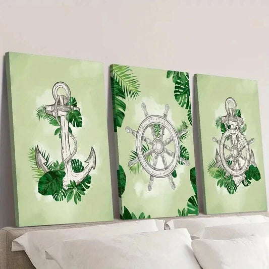 3pcs Helm and Anchor on Plant Leaves Wall Art Set Canvas Framed 40x60cm - High Quality Print 100% Australian Made Wall Canvas Ready to Hang