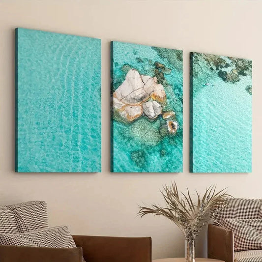 3pcs Beach Ocean Classic Paintings Stone Modern Style Wall Art Set Canvas Framed 40x60cm - High Quality Print 100% Australian Made Wall Canvas Ready to Hang
