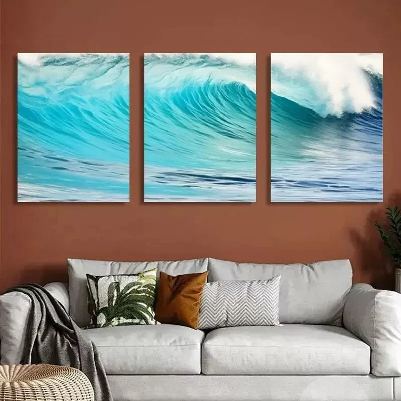 3pcs Aesthetic Turquoise Waves at Sandy Beach Wall Art Set Canvas Framed 40x60cm - High Quality Print 100% Australian Made Wall Canvas Ready to Hang