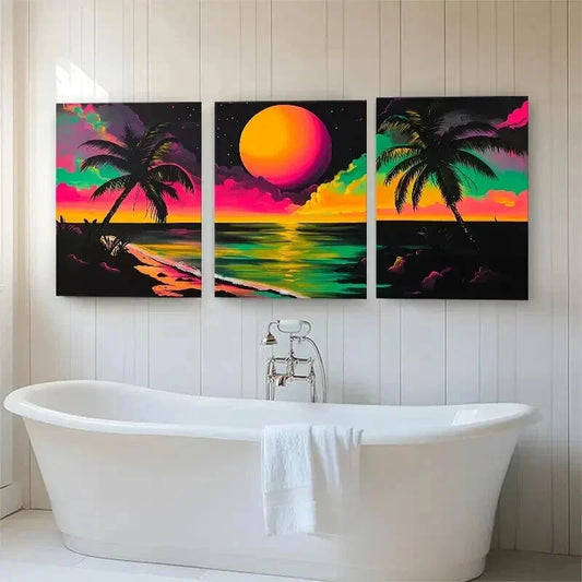 3pcs Sunset Tropical Beach Vibrant Palm Perfect Wall Art Set Canvas Framed 40x60cm - High Quality Print 100% Australian Made Wall Canvas Ready to Hang