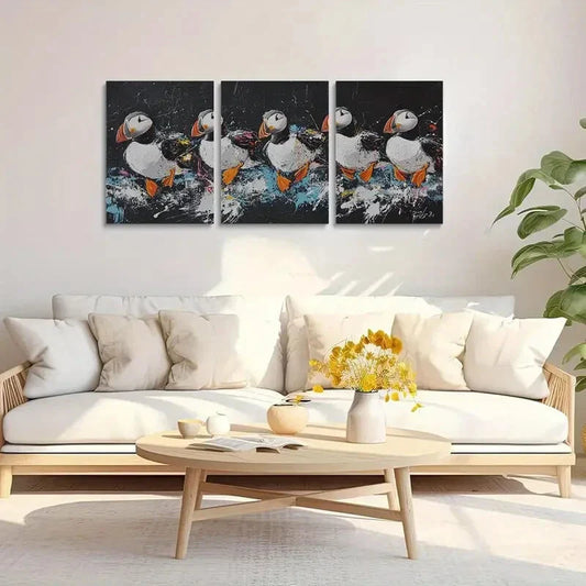 3pcs Vibrant Puffin Colorful Seabirds in Action Metal Print Ready to Hang Art