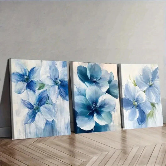 3pcs Beautiful Blue Flowers Decoration Wall Art Set Canvas Framed 40x60cm - High Quality Print 100% Australian Made Wall Canvas Ready to Hang