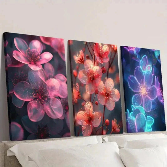 3pcs Pink & Purple Flowers on Dark Background Wall Art Set Canvas Framed 40x60cm - High Quality Print 100% Australian Made Wall Canvas Ready to Hang