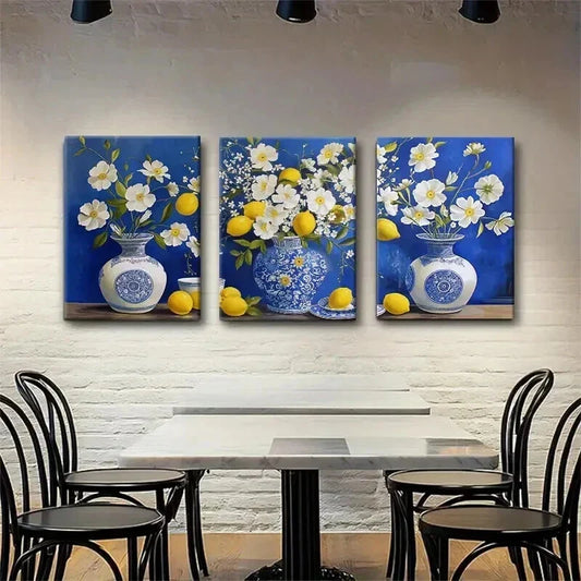 3pcs Blue and White Porcelain Bright Perfect Wall Art Set Canvas Framed 40x60cm - High Quality Print 100% Australian Made Wall Canvas Ready to Hang