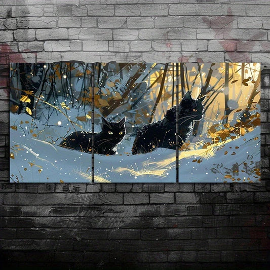 3pcs Black Cat Snowy Forest Serene Winter Scene Metal Print Ready to Hang Art