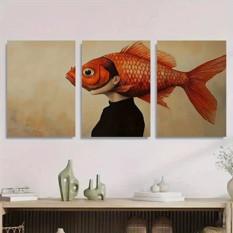 3pcs Surreal Fish Woman Abstract Conceptual Metal Print Ready to Hang Art