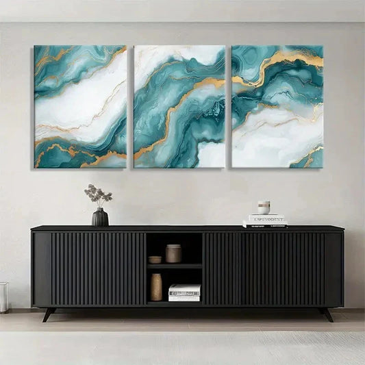 3pcs Teal and Golden Abstract Fluid Perfect Wall Art Set Canvas Framed 40x60cm - High Quality Print 100% Australian Made Wall Canvas Ready to Hang