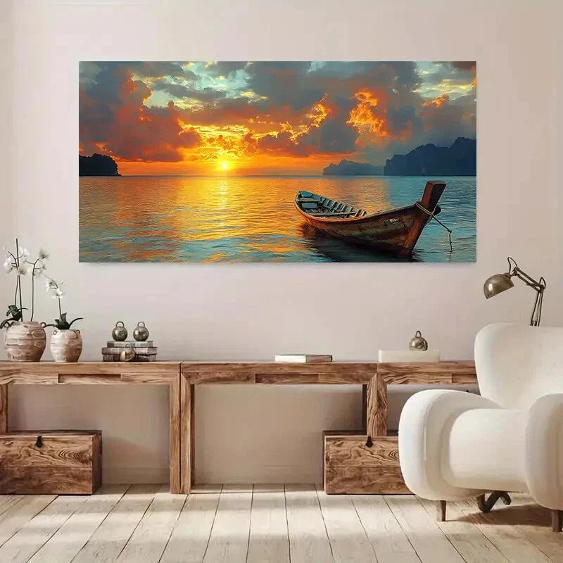 Serene Boats Sunset Lake Wall Art wall canvas office home room framed 80x45cm