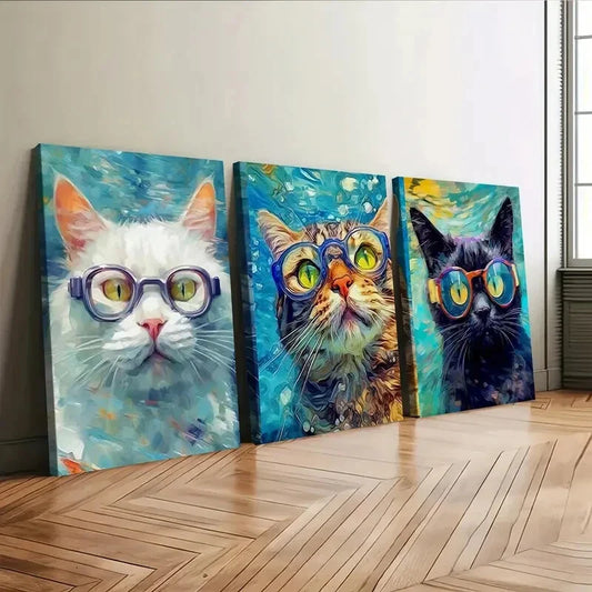 3pcs Cat Swimming White Orange & Black Cats Wall Art Set Canvas Framed 40x60cm - High Quality Print 100% Australian Made Wall Canvas Ready to Hang