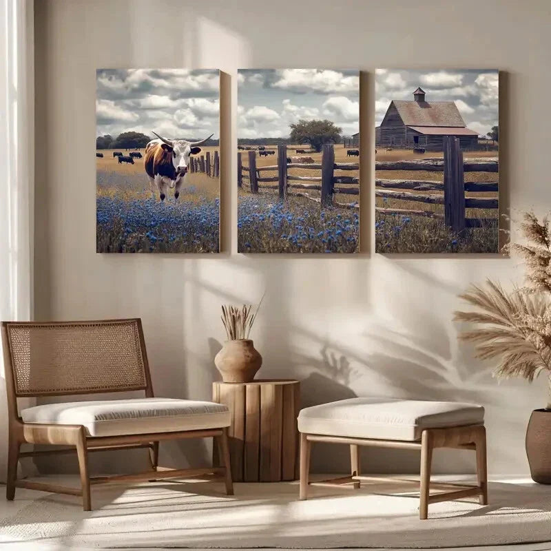 3pcs Texas Longhorn Cow Barn & Fence, Brown Metal Print Ready to Hang Art