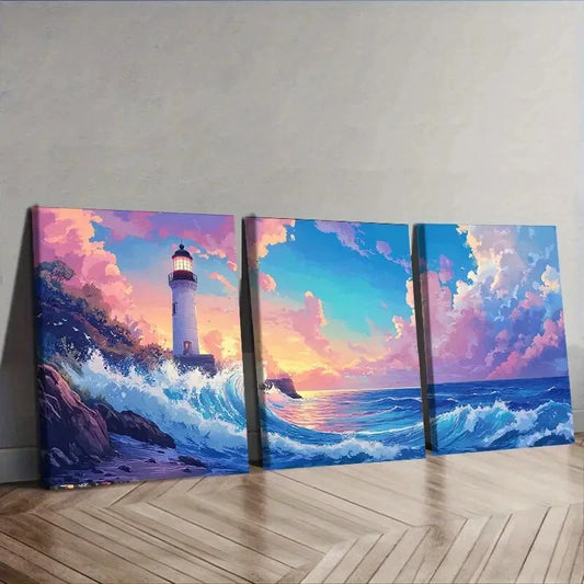 3pcs Lighthouse the Sea Sunset Scene Luxurious Wall Art Set Canvas Framed 40x60cm - High Quality Print 100% Australian Made Wall Canvas Ready to Hang