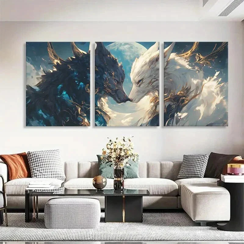 3pcs Mystical Wolf Face-Off with Moon Perfect Wall Art Set Canvas Framed 40x60cm - High Quality Print 100% Australian Made Wall Canvas Ready to Hang