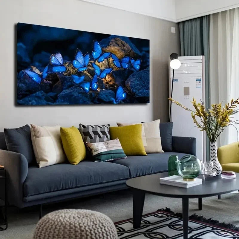 Beautiful Blue Butterflies Wall Art Canvas Office Home Room Framed 80x45cm