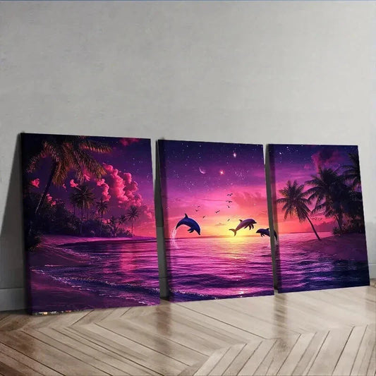 3pcs Dolphin Silhouette Under Purple Sky Perfect Wall Art Set Canvas Framed 40x60cm - High Quality Print 100% Australian Made Wall Canvas Ready to Hang