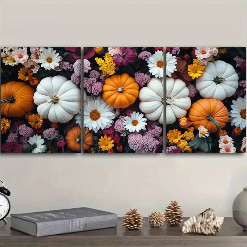 3pcss Art Deco Style Pumpkin and Floral Wall Art Set Canvas Framed 40x60cm - High Quality Print 100% Australian Made Wall Canvas Ready to Hang