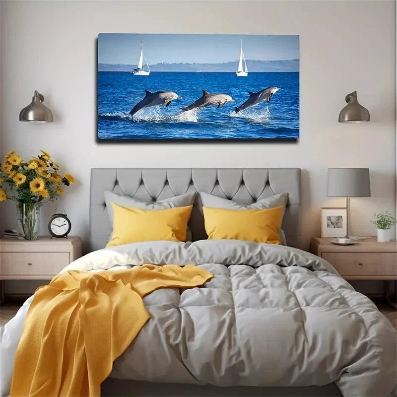 Jumping Dolphins Sailboats Wall Art Canvas Office Home Room Framed 80x45cm