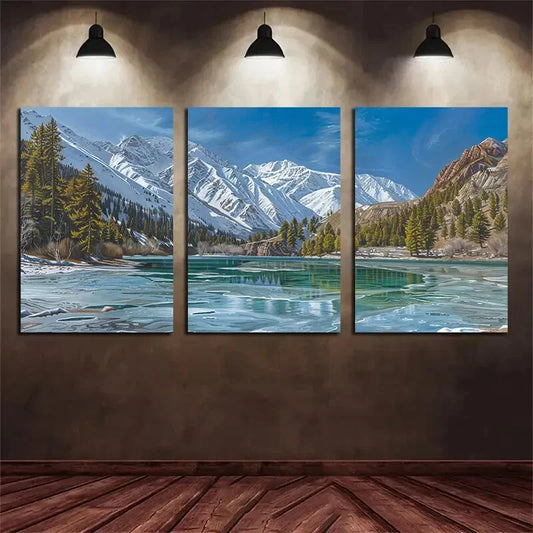 3pcs Scenic Frozen Lake and Mountain Landscape Metal Print Ready to Hang Art
