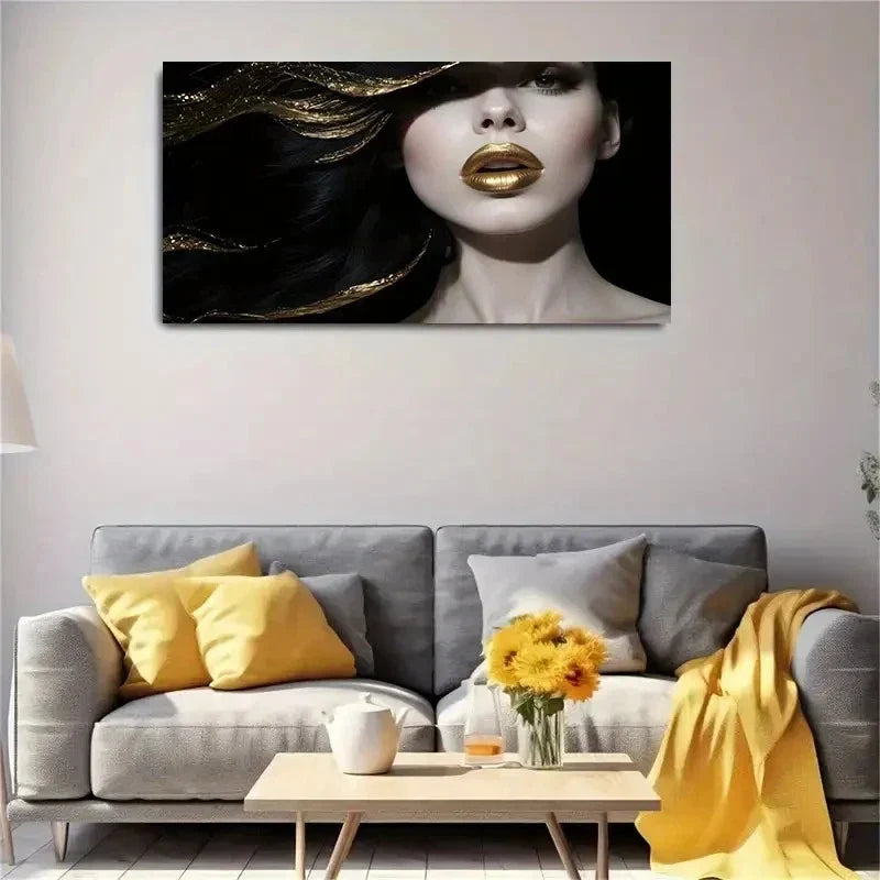 Long Black Hair & Golden Metal Wall Art Canvas Office Home Room Framed 80x45cm