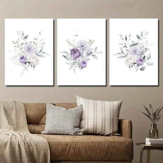 3pcs Plant Flower Purple Flower Style Bouquet Metal Print Ready to Hang Art