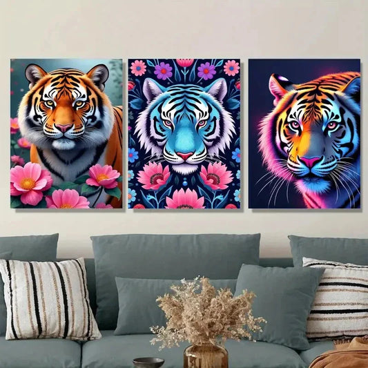 3pcs Vibrant Tiger Modern Picture Wall Art Set Canvas Framed 40x60cm - High Quality Print 100% Australian Made Wall Canvas Ready to Hang