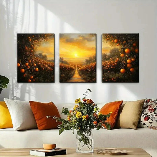 3pcs Golden Sunset View with Lush Fruit Trees Metal Print Ready to Hang Art