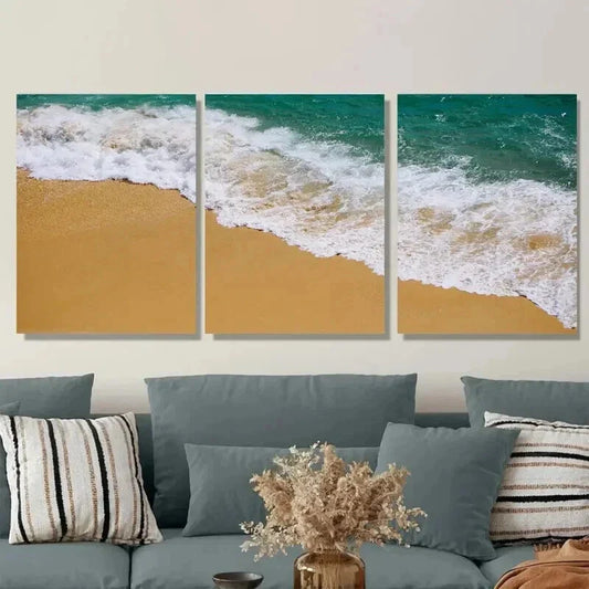 3pcs Beach Wave Ocean Waves On Sandy Shoreline Wall Art Set Canvas Framed 40x60cm - High Quality Print 100% Australian Made Wall Canvas Ready to Hang