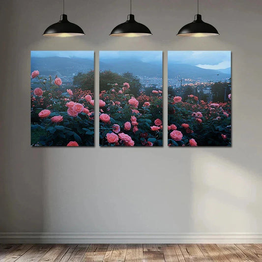 3pcs Vibrant Pink Roses & Mountain Summer Floral Metal Print Ready to Hang Art