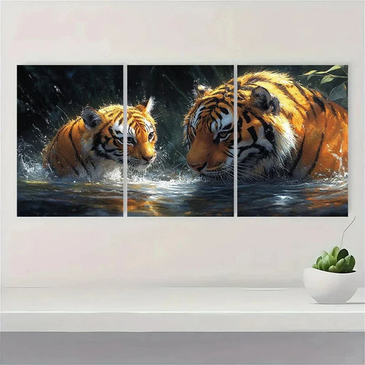 3pcs Tiger Oil Painting Bathing Metal Print Ready to Hang Art