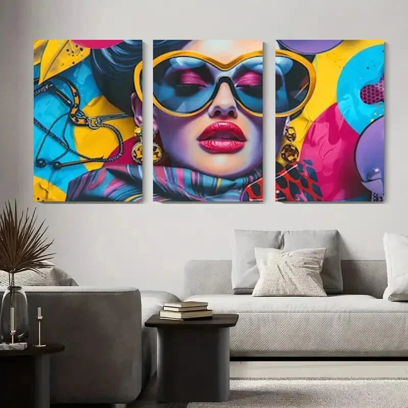 3pcs Woman with Oversized Fashion Glasses Metal Print Ready to Hang Art