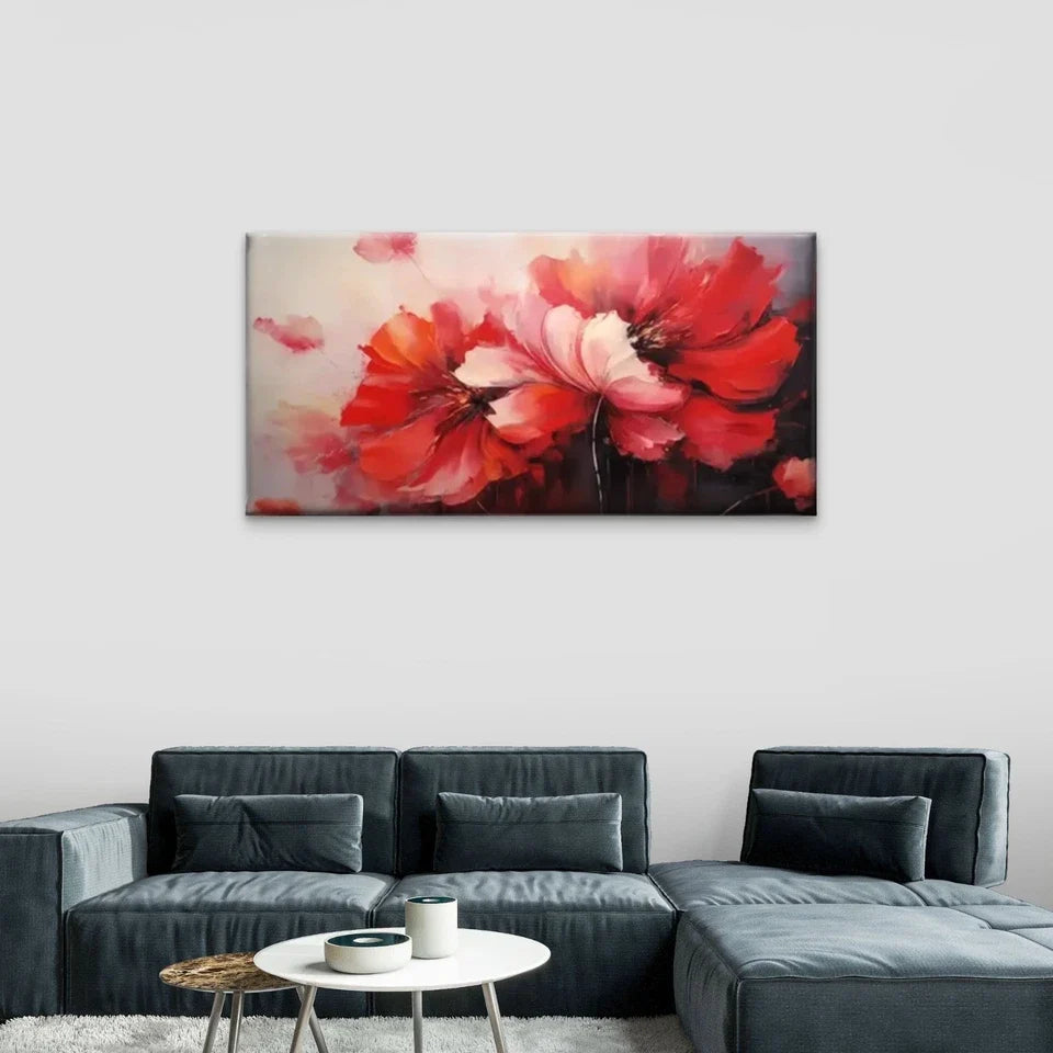 Red Flowers Petal White Wall Art Canvas Office Home Room Framed 80x45cm