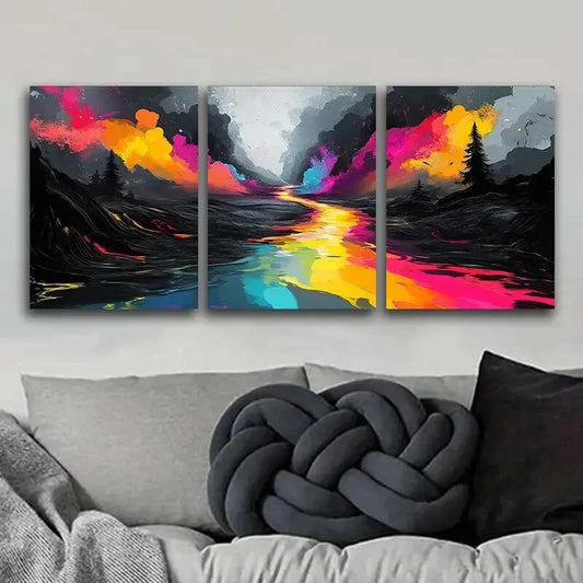 3pcs Vibrant Rainbow River Landscape Metal Print Ready to Hang Art
