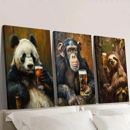 3pcs Cute Wild Animal Drinking Beer Wall Art Set Canvas Framed 40x60cm - High Quality Print 100% Australian Made Wall Canvas Ready to Hang