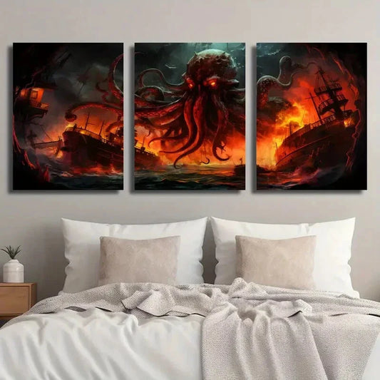 3pcs Vibrant Sea Monster Octopus & Shipwreck Metal Print Ready to Hang Art