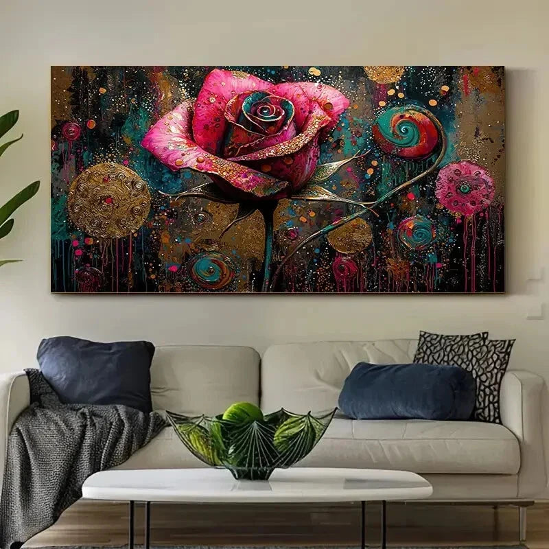 Vibrant Red Rose Golden Accents Wall Art Canvas Office Home Room Framed 80x45cm