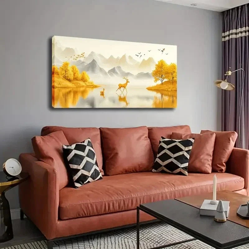Golden Deer Cubs Lake Décor Wall Art Canvas Office Home Room Framed 120x60cm