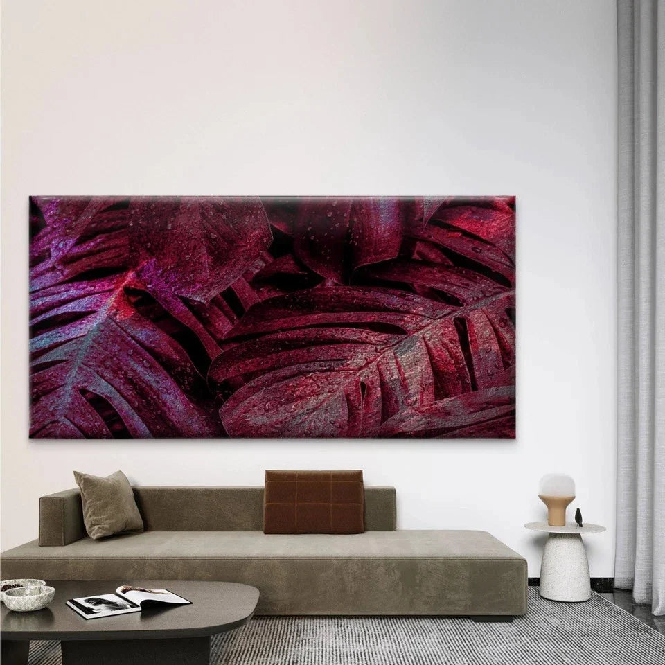 Dark Red Monstera Leaf Wall Art Canvas Office Home Room Framed 80x45cm