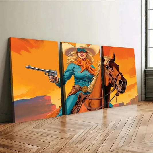 3pcs Vintage Art Cow Girl Style Brown Horse Lady Wall Art Set Canvas Framed 40x60cm - High Quality Print 100% Australian Made Wall Canvas Ready to Hang
