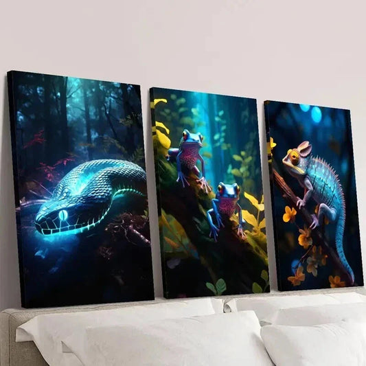 3pcs Blue Glowing Snake Frog & Chameleon Wall Art Set Canvas Framed 40x60cm - High Quality Print 100% Australian Made Wall Canvas Ready to Hang
