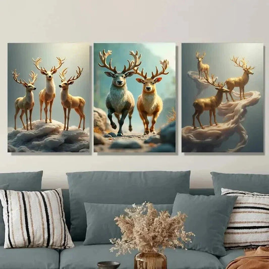 3pcs Deer Forest Elegant Classic Paintings Wall Art Set Canvas Framed 40x60cm - High Quality Print 100% Australian Made Wall Canvas Ready to Hang