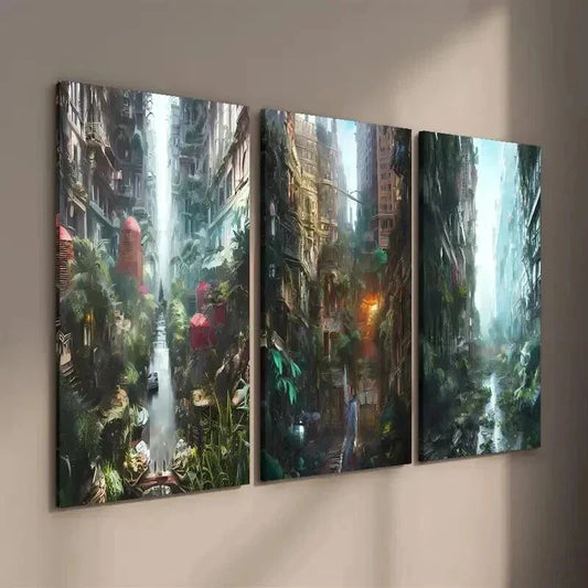 3pcs Lush Greenery Overgrown City & Skyscrapers Wall Art Set Canvas Framed 40x60cm - High Quality Print 100% Australian Made Wall Canvas Ready to Hang