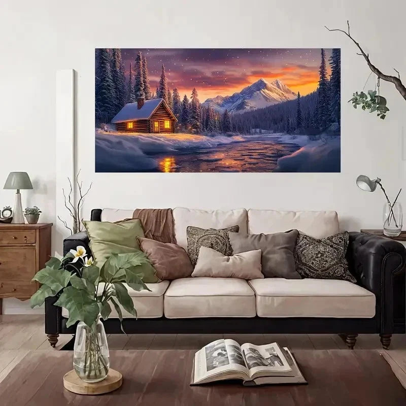 Cabin & Mountain Range Wall Art Canvas Office Home Room Framed 80x45cm