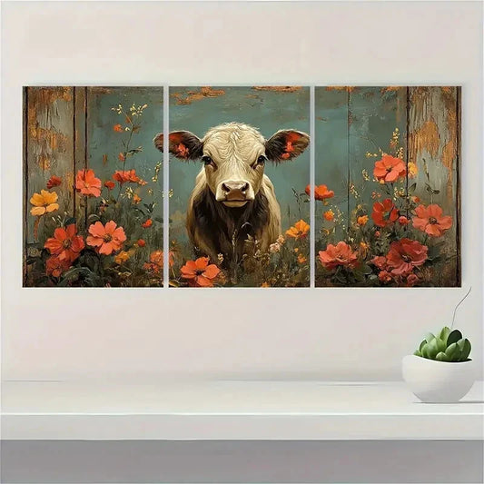 3pcs Land Cow Rustic Wildlife Floral Accents Metal Print Ready to Hang Art