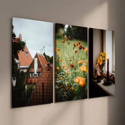3pcs Autumn Rooftop Cottage Plant And Flower Wall Art Set Canvas Framed 40x60cm - High Quality Print 100% Australian Made Wall Canvas Ready to Hang