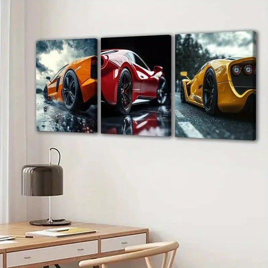 3pcs Fashion Sport Car Tree Racing Car Gold Red Wall Art Set Canvas Framed 40x60cm - High Quality Print 100% Australian Made Wall Canvas Ready to Hang